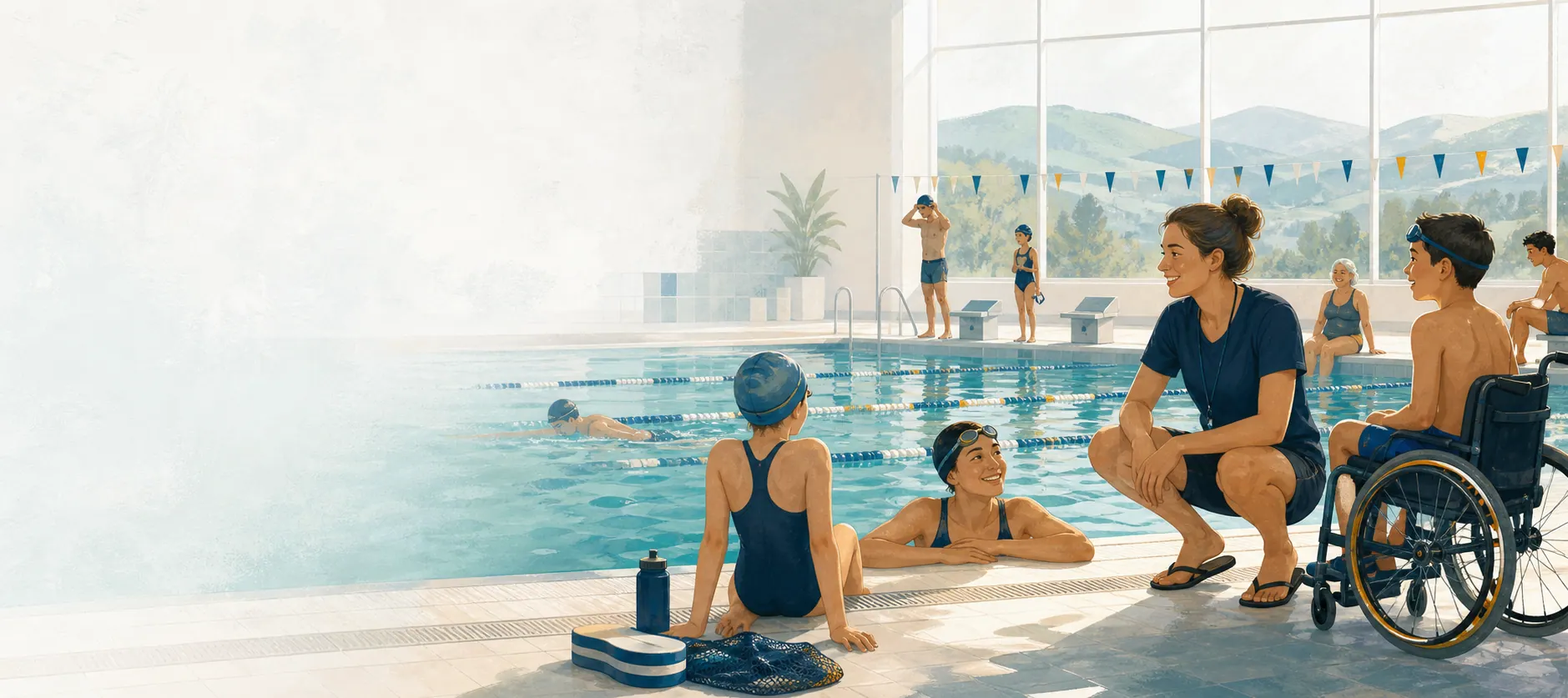 Illustration einer inklusiven Schwimmgruppe mit Trainerin am Beckenrand.